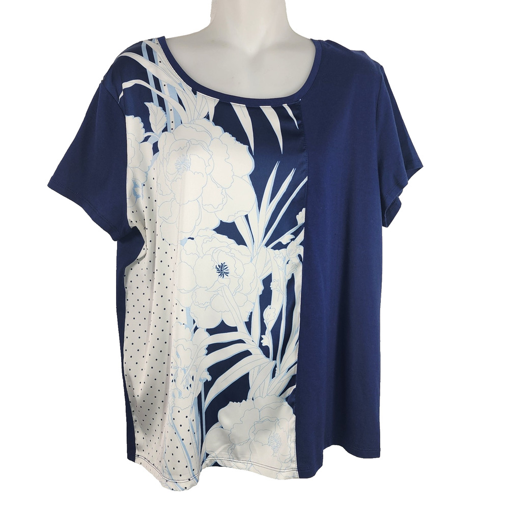 Chicos Zenergy Womens Mixed Media Top Navy Blue Floral Polka Dot Size 12/14P